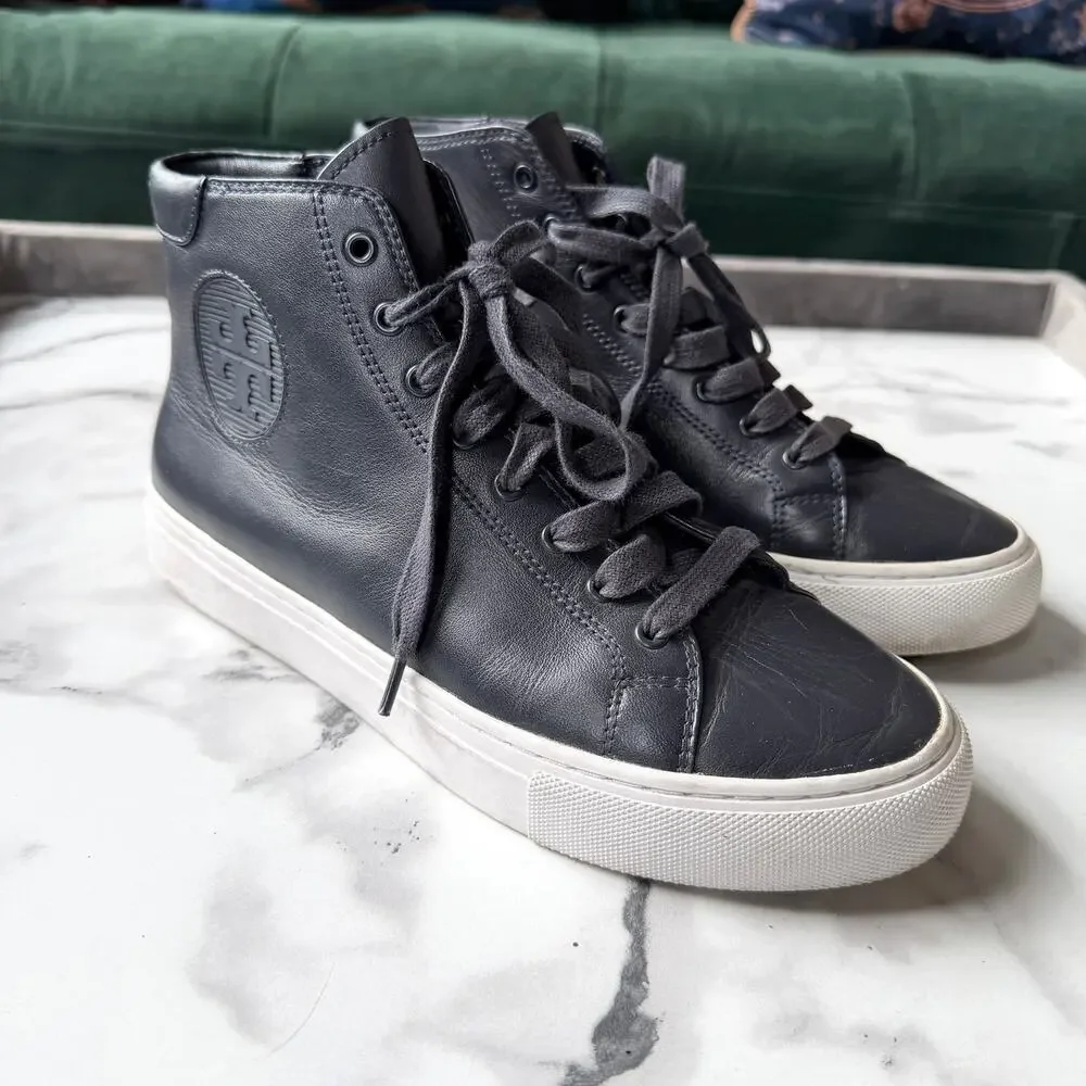 Tory Burch Nola Navy Leather High Top Sneakers Size 6.5